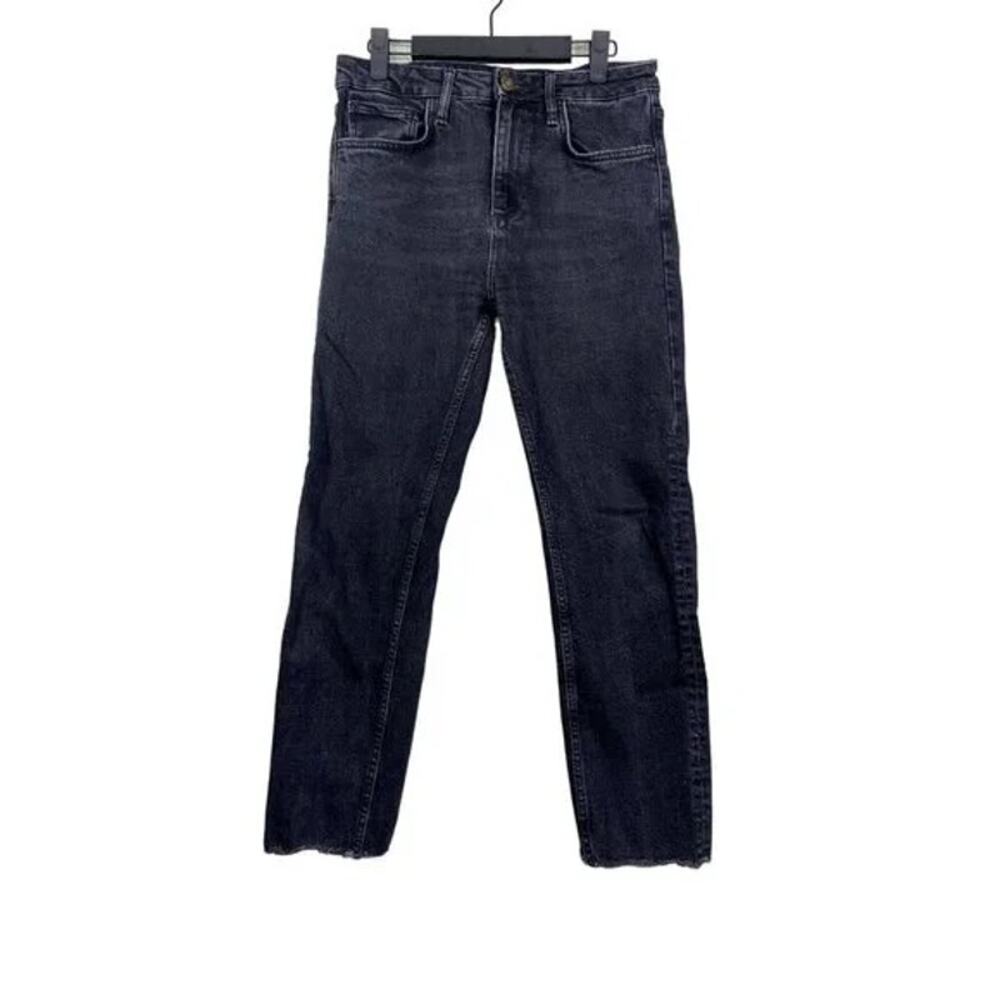 ZARA Straight Leg Cropped High Waisted Stretch Jeans Raw Hem 6 Rinsed Black - Picture 11 of 15